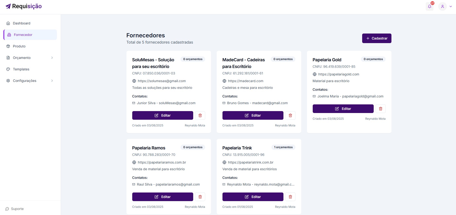 Página de Fornecedores