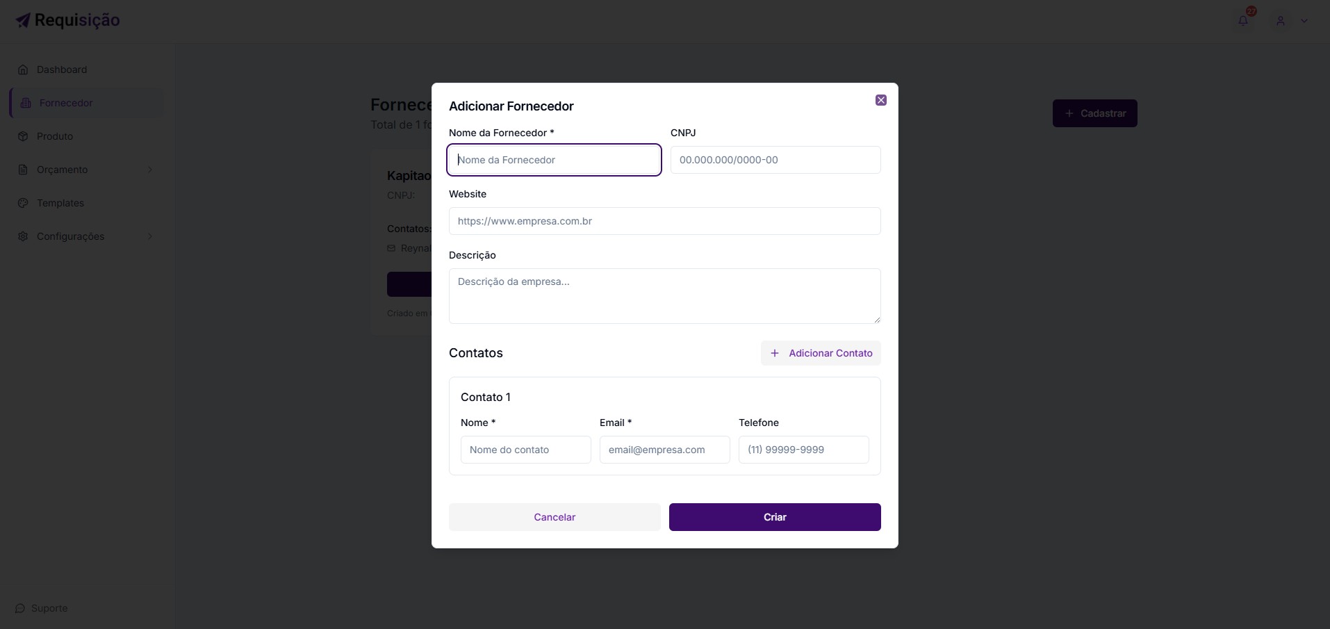 Modal de Cadastro de Fornecedor