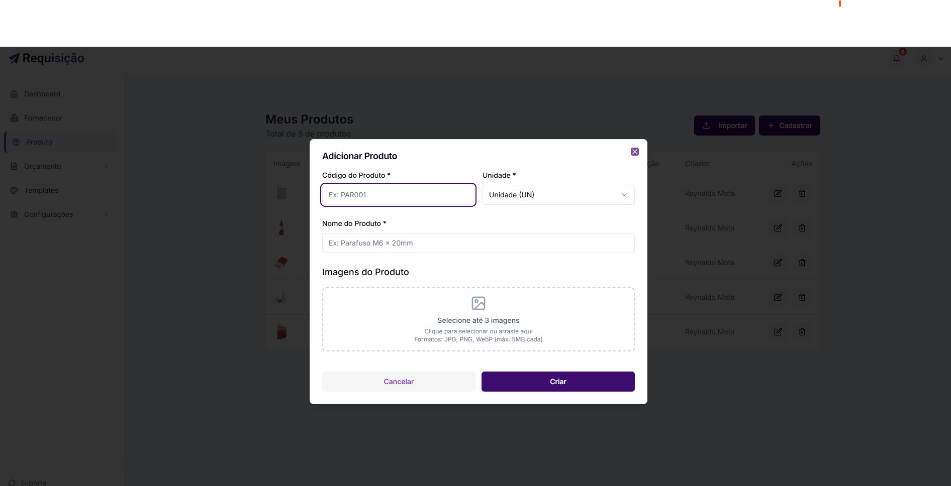 Modal de Cadastro de Produto