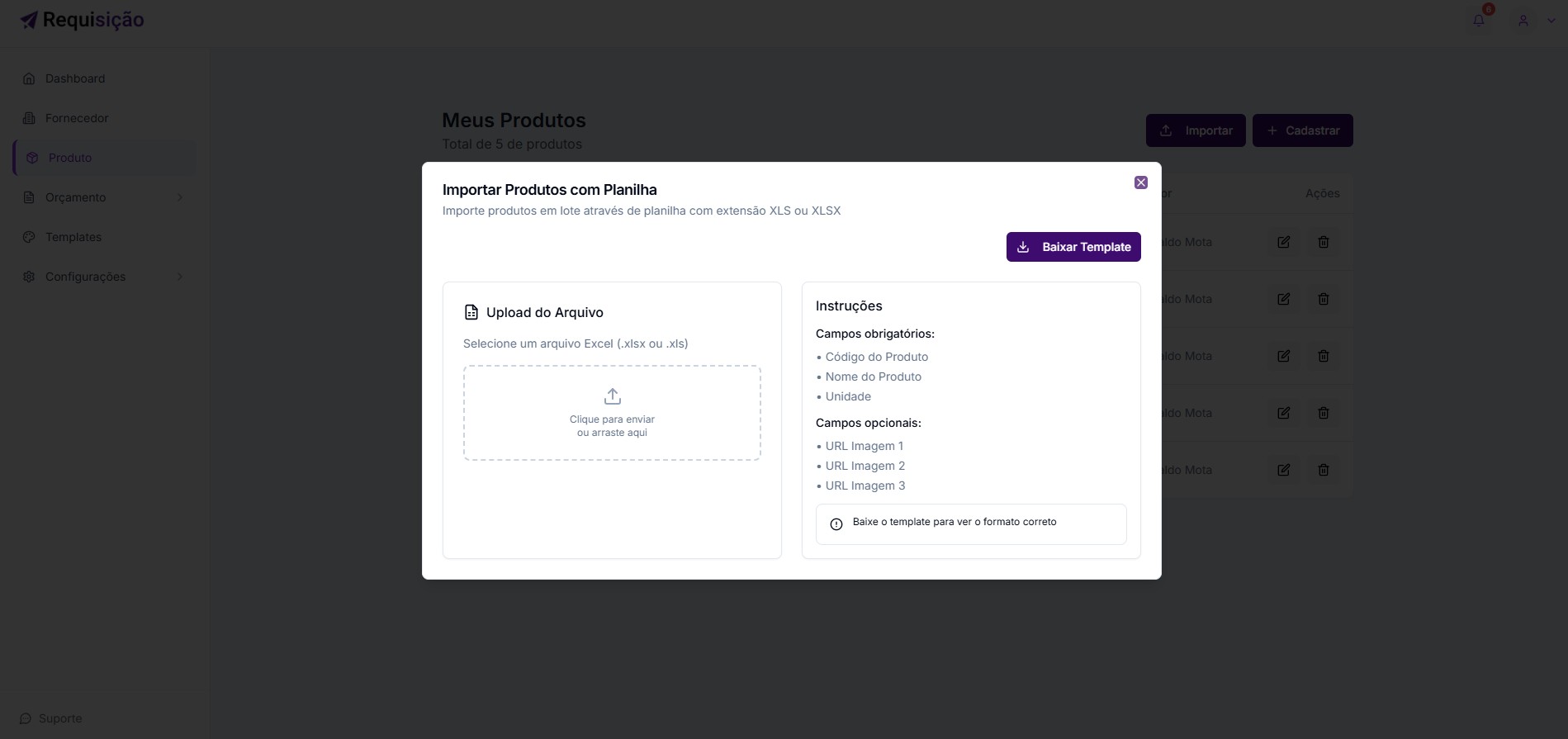 Modal de Importação